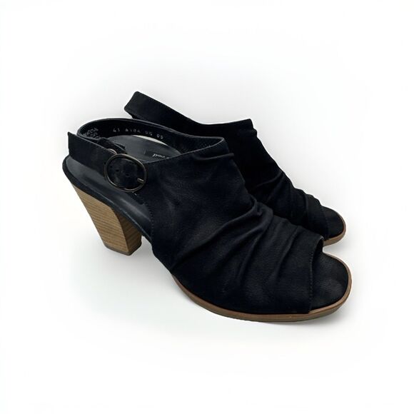 Paul Green Shoes - Paul Green Black Nubuck Leather Ruched Slingback Heels Peep Toe Size 10